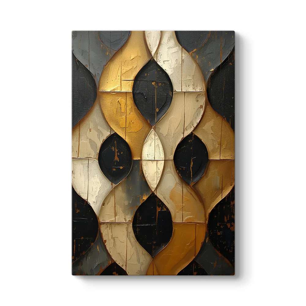 Modern Siyah ve Altın Kıvrımlı Geometrik Soyut Tablo